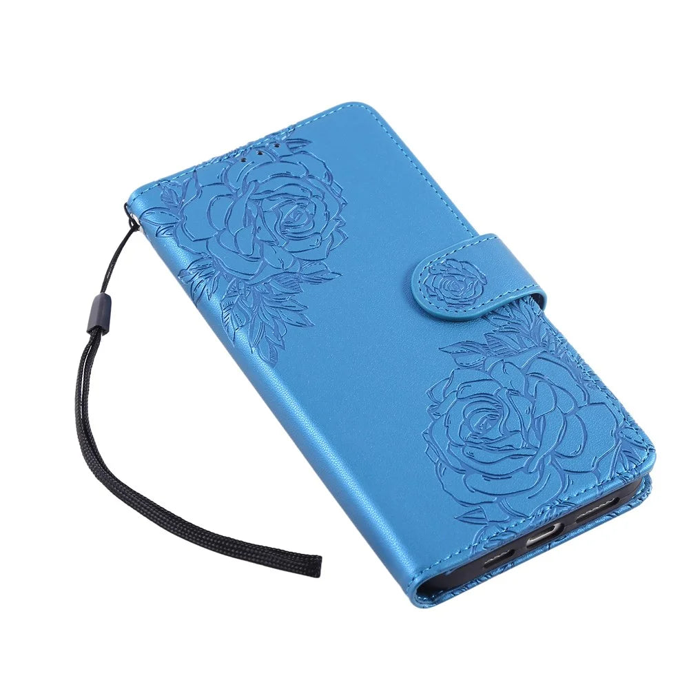 Leather Case for Realme C61 4G / C61 (India) 4G / C63 4G Rose Flower Wallet Phone Cover with 3 Card Slots / Wrist Strap - Blue - 5