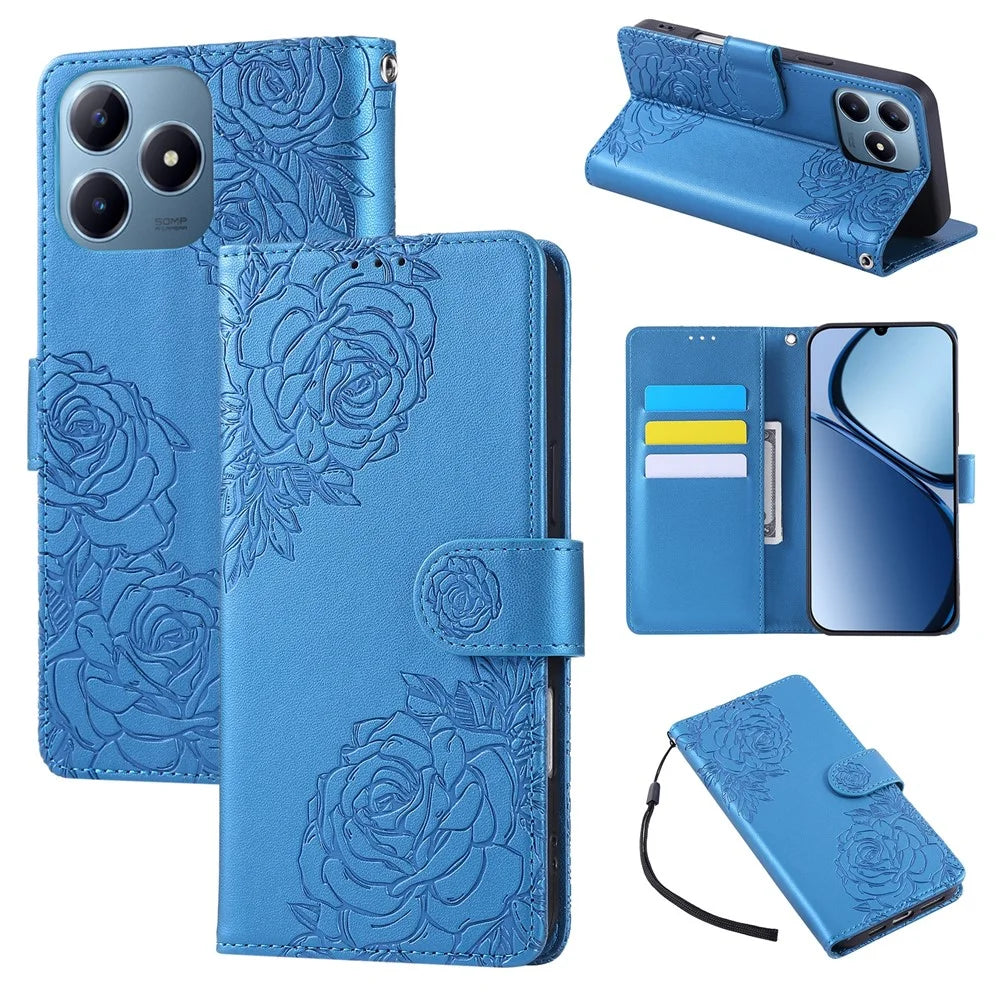 Leather Case for Realme Note 60x 4G / Note 60 / Narzo N63 4G Rose Flower Wallet Phone Cover with 3 Card Slots / Wrist Strap - Blue - 1