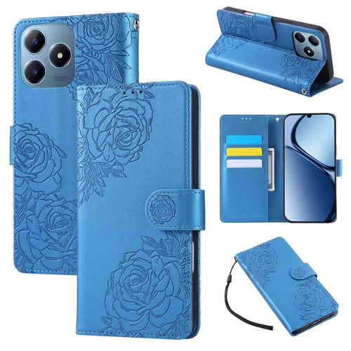 Leather Case for Realme Note 60x 4G / Note 60 / Narzo N63 4G Rose Flower Wallet Phone Cover with 3 Card Slots / Wrist Strap - Blue - 1