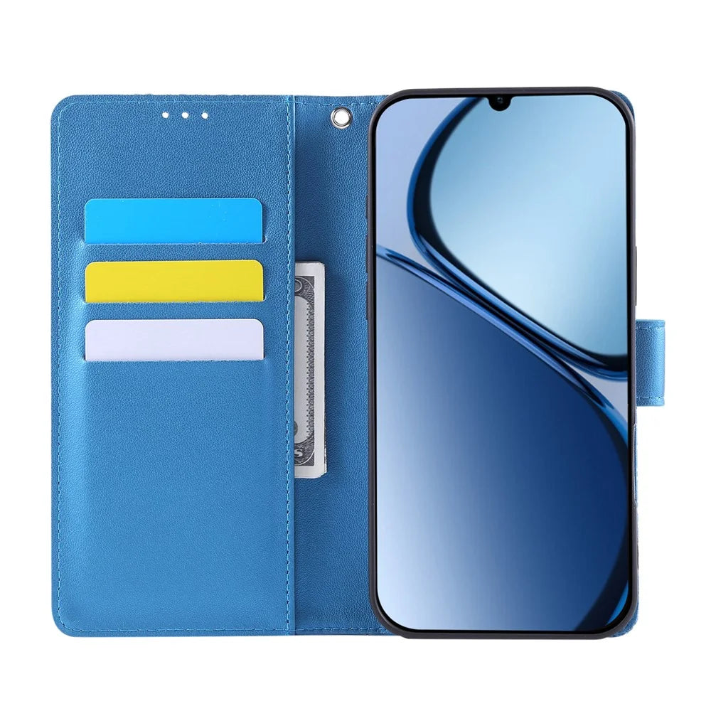Leather Case for Realme Note 60x 4G / Note 60 / Narzo N63 4G Rose Flower Wallet Phone Cover with 3 Card Slots / Wrist Strap - Blue - 2