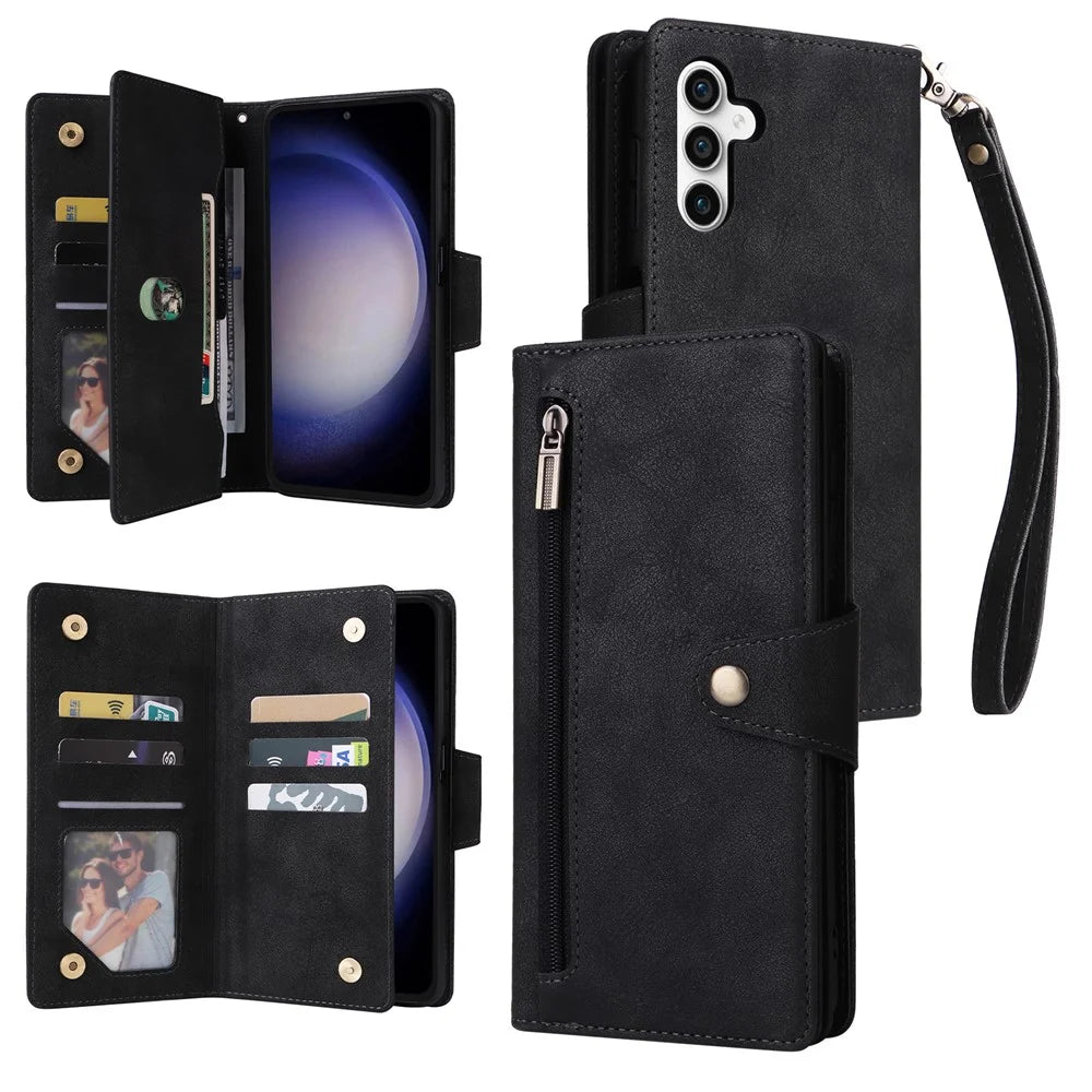 For Samsung Galaxy S25 FE Case Zipper Wallet Rivet Decor Leather Phone Cover with Wrist Strap - Black - 1