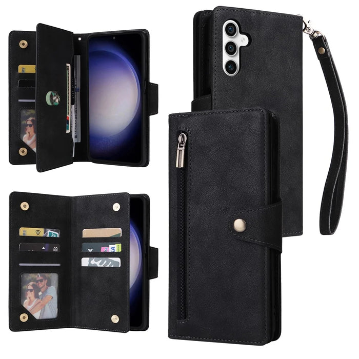 For Samsung Galaxy S25 FE Case Zipper Wallet Rivet Decor Leather Phone Cover with Wrist Strap - Black - 1