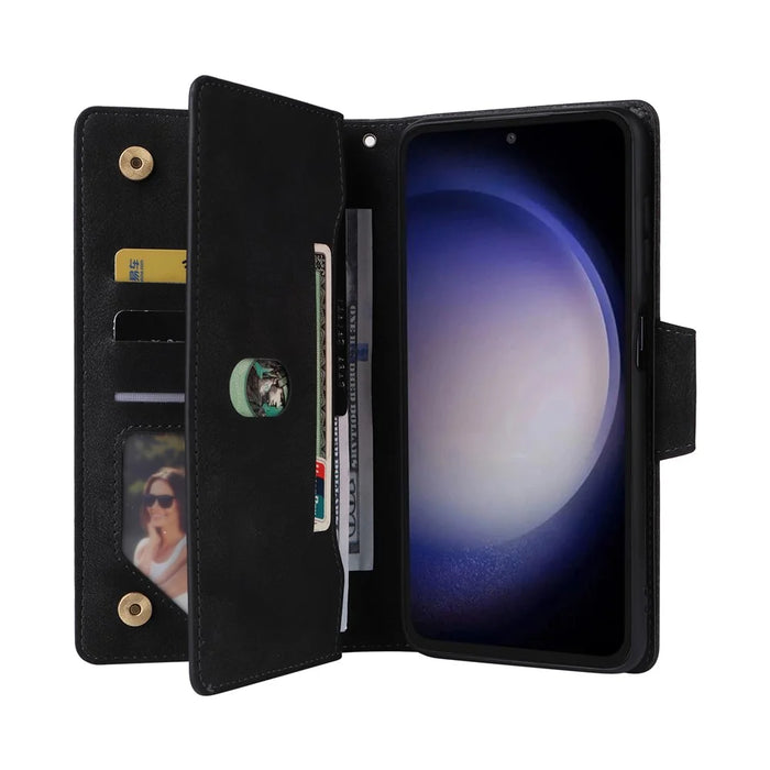 For Samsung Galaxy S25 FE Case Zipper Wallet Rivet Decor Leather Phone Cover with Wrist Strap - Black - 3