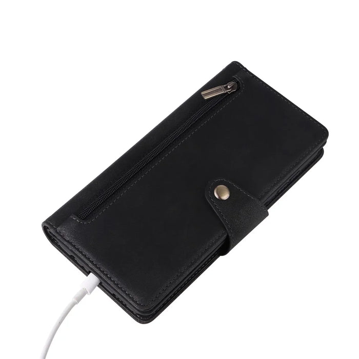 For Samsung Galaxy S25 FE Case Zipper Wallet Rivet Decor Leather Phone Cover with Wrist Strap - Black - 6