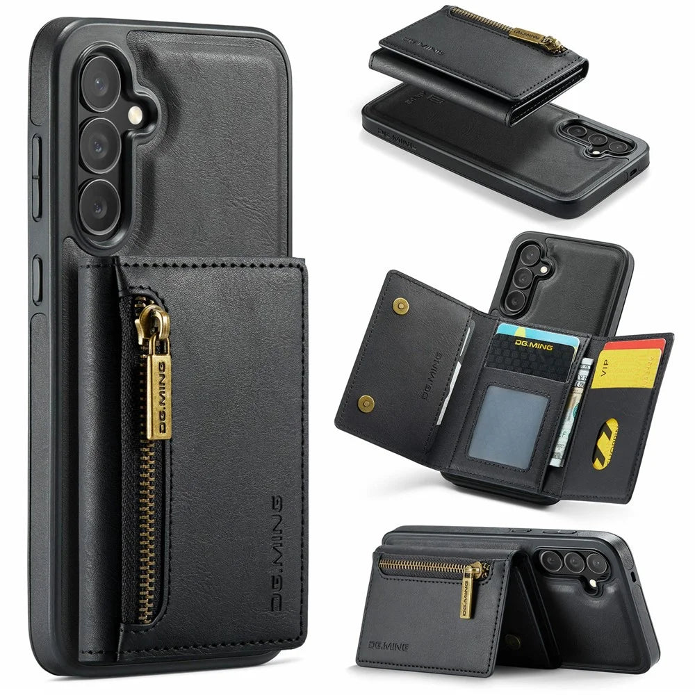 DG.MING M5 Series For Samsung Galaxy S25 FE Case Detachable Magnetic Leather Phone Cover with Card Slots - Black - 1
