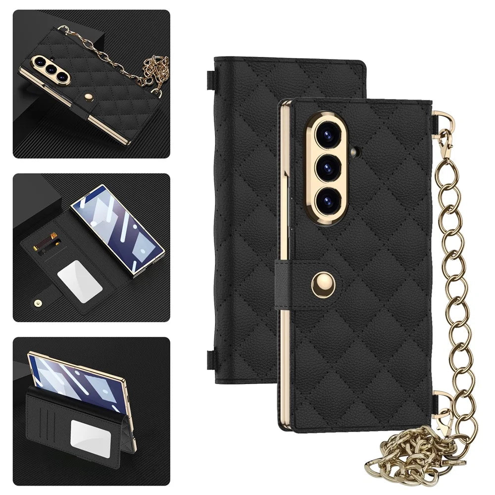 GKK For Samsung Galaxy Z Fold7 5G Case Rhombus Leather Phone Cover with Tempered Glass Film / Hand Chain Strap - Black - 1
