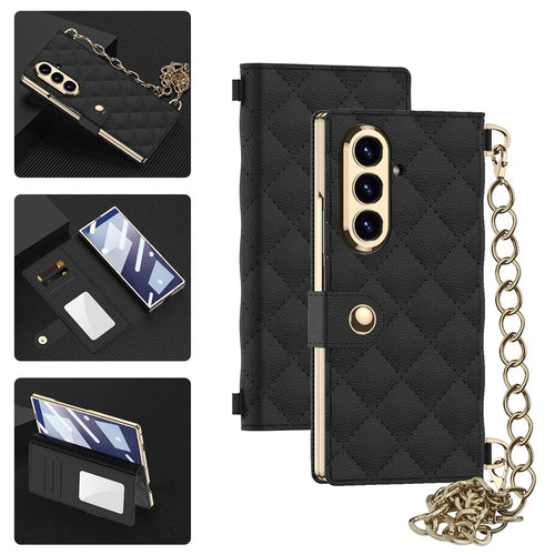 GKK For Samsung Galaxy Z Fold7 5G Case Rhombus Leather Phone Cover with Tempered Glass Film / Hand Chain Strap - Black - 1