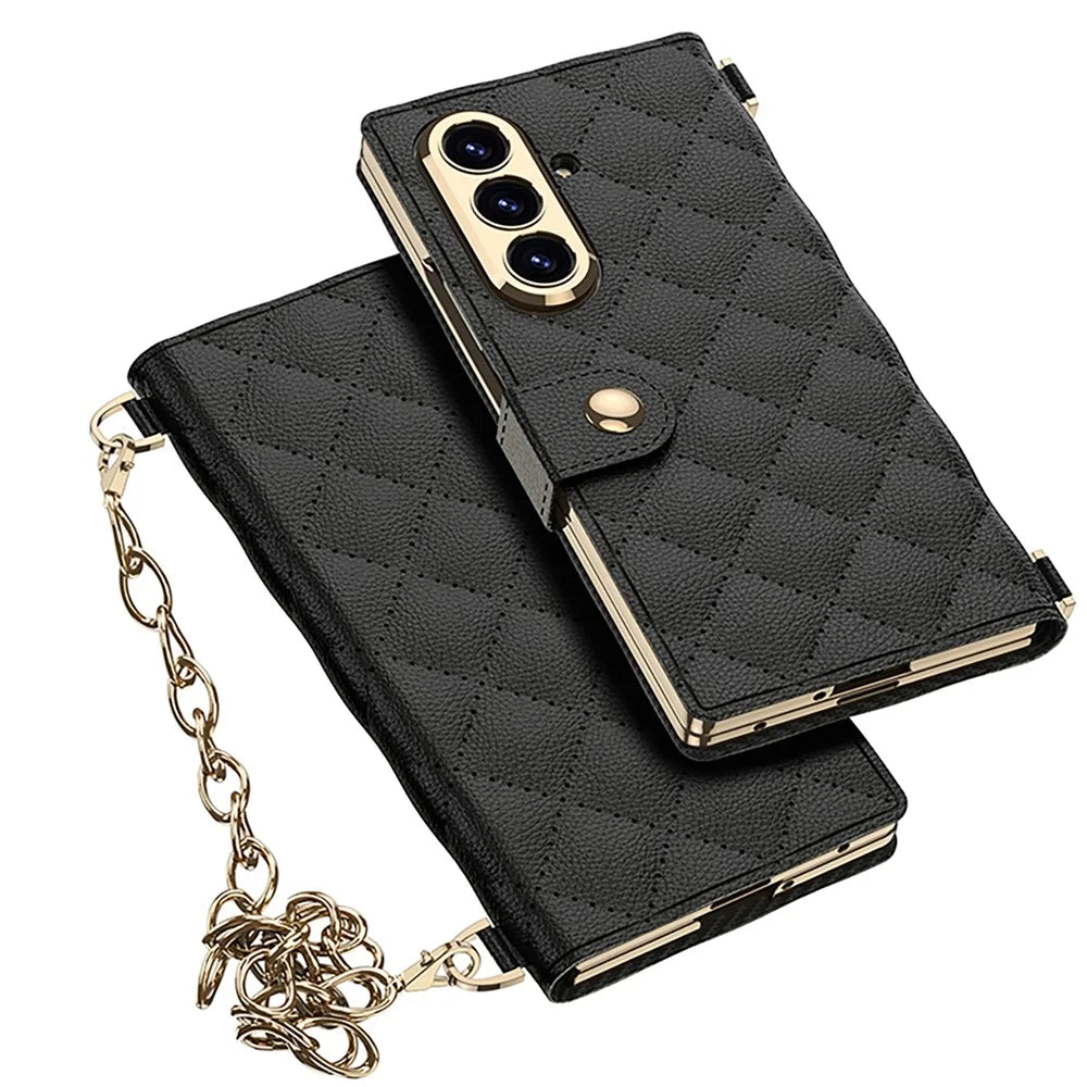 GKK For Samsung Galaxy Z Fold7 5G Case Rhombus Leather Phone Cover with Tempered Glass Film / Hand Chain Strap - Black - 5