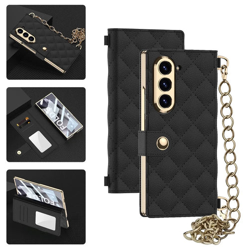 GKK For Samsung Galaxy Z Fold6 5G Case Rhombus Leather Phone Cover with Tempered Glass Film / Hand Chain Strap - Black - 1