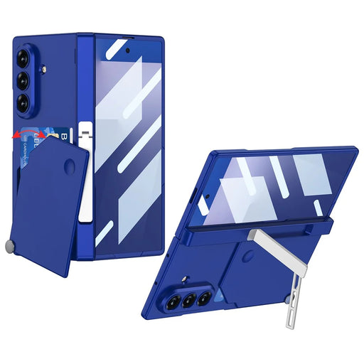 GKK For Samsung Galaxy Z Fold7 5G Case Magnetic Hinge Rotating Card Holder PC Phone Cover with Tempered Glass Screen Film - Dark Blue - 1