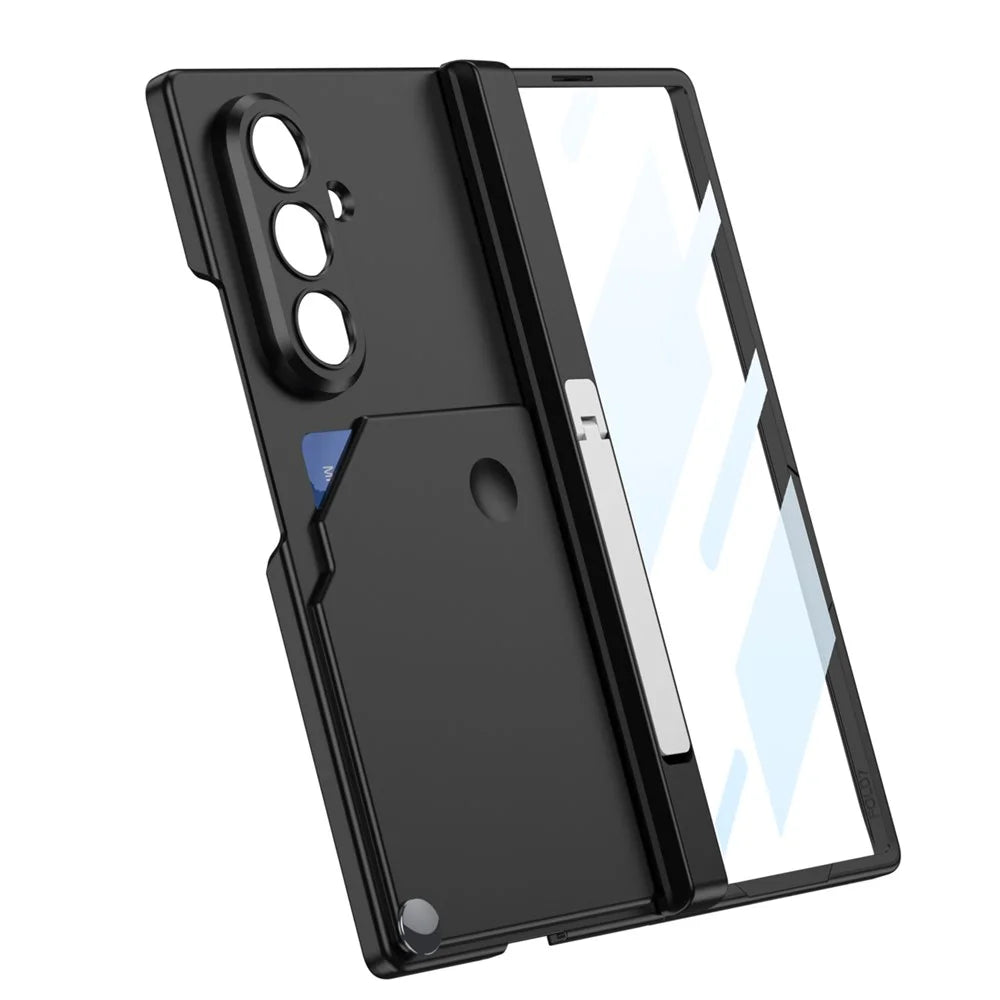 GKK For Samsung Galaxy Z Fold7 5G Case Magnetic Hinge Rotating Card Holder PC Phone Cover with Tempered Glass Screen Film - Dark Blue - 5