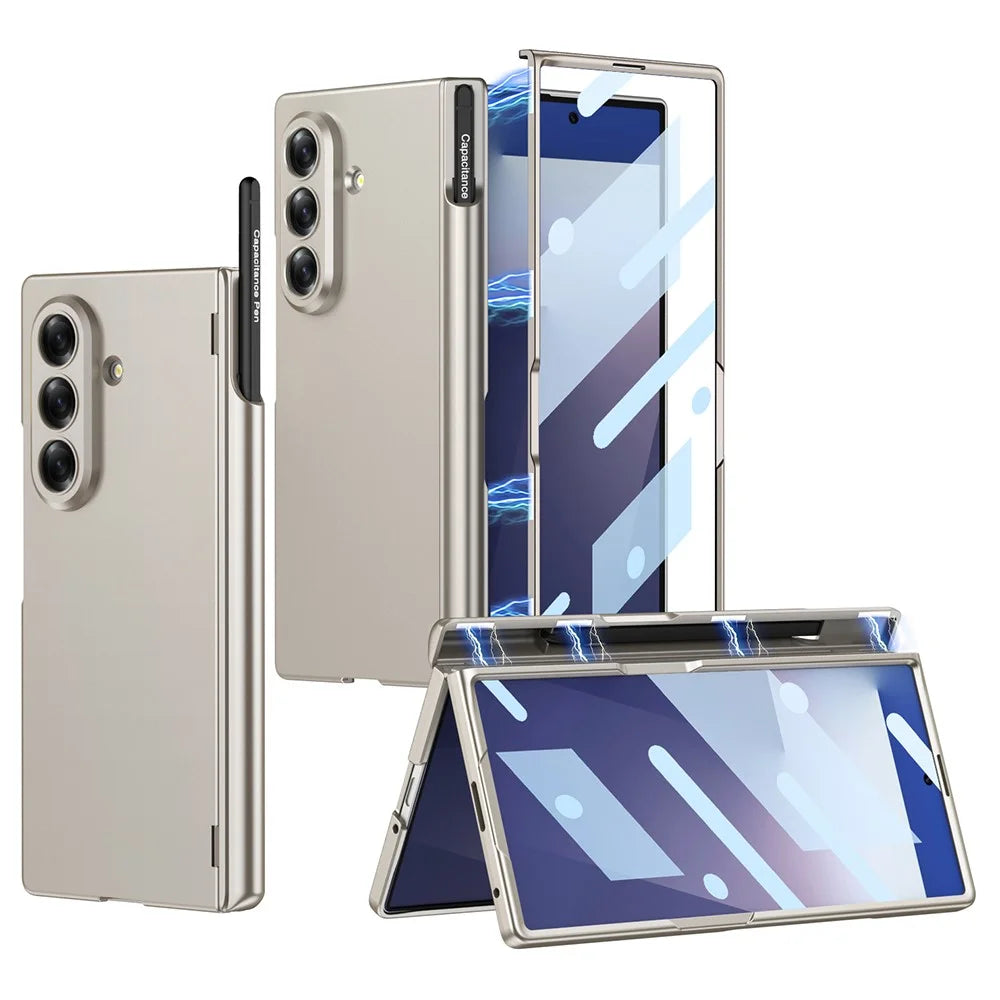 GKK For Samsung Galaxy Z Fold7 5G Case Magnetic Hinge PC Phone Cover with Stylus / Tempered Glass Screen Film - Titanium Grey - 1