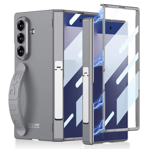 GKK For Samsung Galaxy Z Fold7 5G Case Magnetic Hinge Folding PC Phone Cover with Side Kickstand / Wrist Strap / Screen Protector - Grey - 1