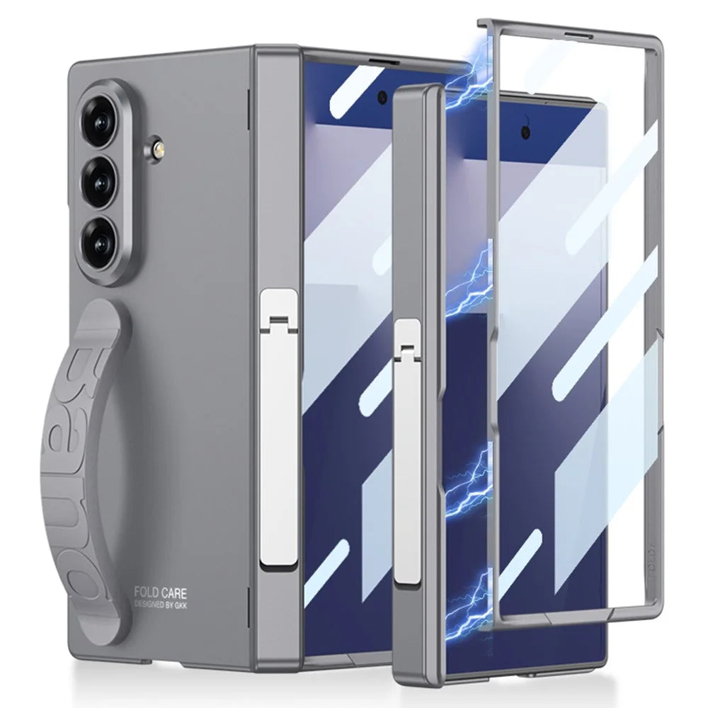 GKK For Samsung Galaxy Z Fold7 5G Case Magnetic Hinge Folding PC Phone Cover with Side Kickstand / Wrist Strap / Screen Protector - Grey - 1