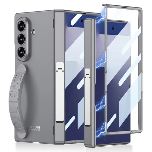 GKK For Samsung Galaxy Z Fold7 5G Case Magnetic Hinge Folding PC Phone Cover with Side Kickstand / Wrist Strap / Screen Protector - Grey - 1