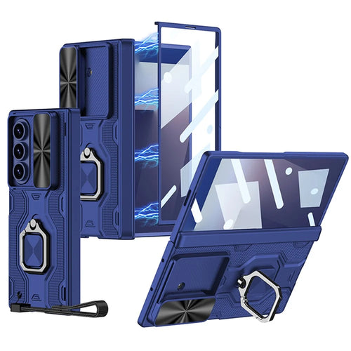 GKK For Samsung Galaxy Z Fold7 5G Case Magnetic Hinge Kickstand PC Phone Cover with Tempered Glass Screen Film - Dark Blue - 1