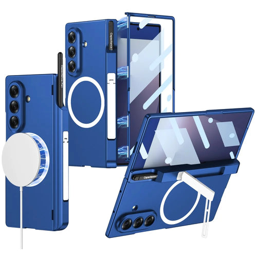 GKK For Samsung Galaxy Z Fold7 5G Magnetic Case Kickstand Hinge PC Phone Cover with Tempered Glass Screen Film / Stylus - Dark Blue - 1