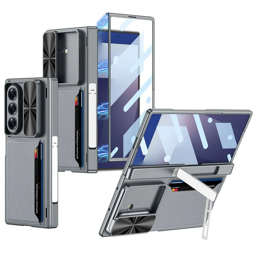 GKK For Samsung Galaxy Z Fold7 5G Case Kickstand Slide Camera Lid Card Holder PC Phone Cover with Tempered Glass Film - Grey - 1