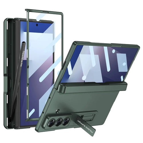 GKK For Samsung Galaxy Z Fold7 5G Case Magnetic Hinge Kickstand PC Phone Cover with Tempered Glass Film (without Stylus) - Midnight Green - 1