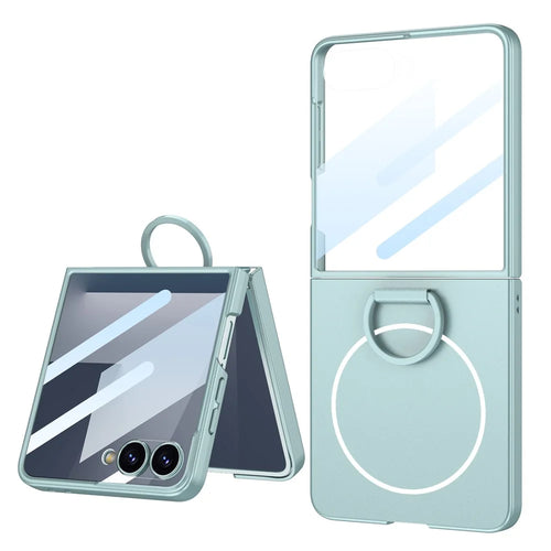 GKK For Samsung Galaxy Z Flip7 5G Magnetic Case Ring Holder Kickstand PC Phone Cover with Tempered Glass Film - Green - 1