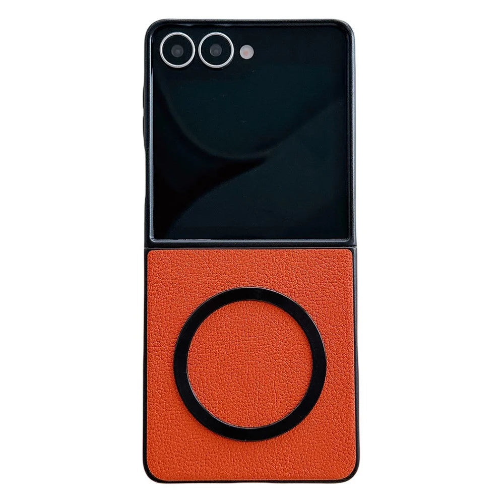 For Samsung Galaxy Z Flip7 5G Magnetic Case PU Leather Coated PC Phone Cover - Orange - 1