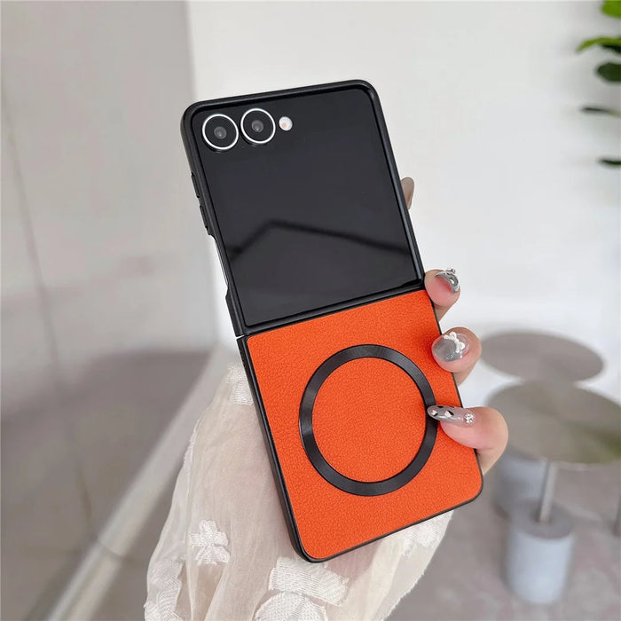 For Samsung Galaxy Z Flip7 5G Magnetic Case PU Leather Coated PC Phone Cover - Orange - 2
