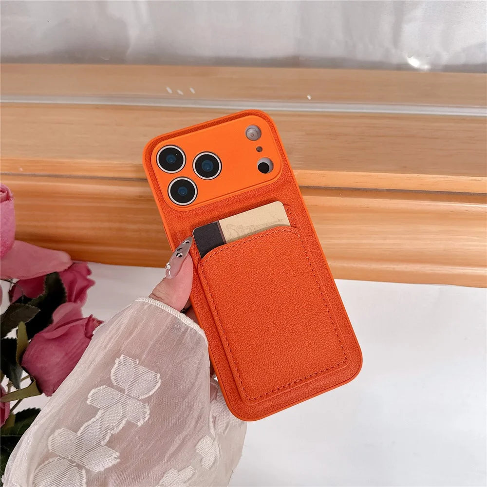 For iPhone 17 Pro Case PU Leather TPU Card Holder Orange Phone Cover - Orange U-shaped Card Holder - 3