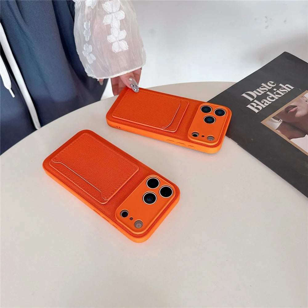 For iPhone 17 Pro Case PU Leather TPU Card Holder Orange Phone Cover - Orange U-shaped Card Holder - 4