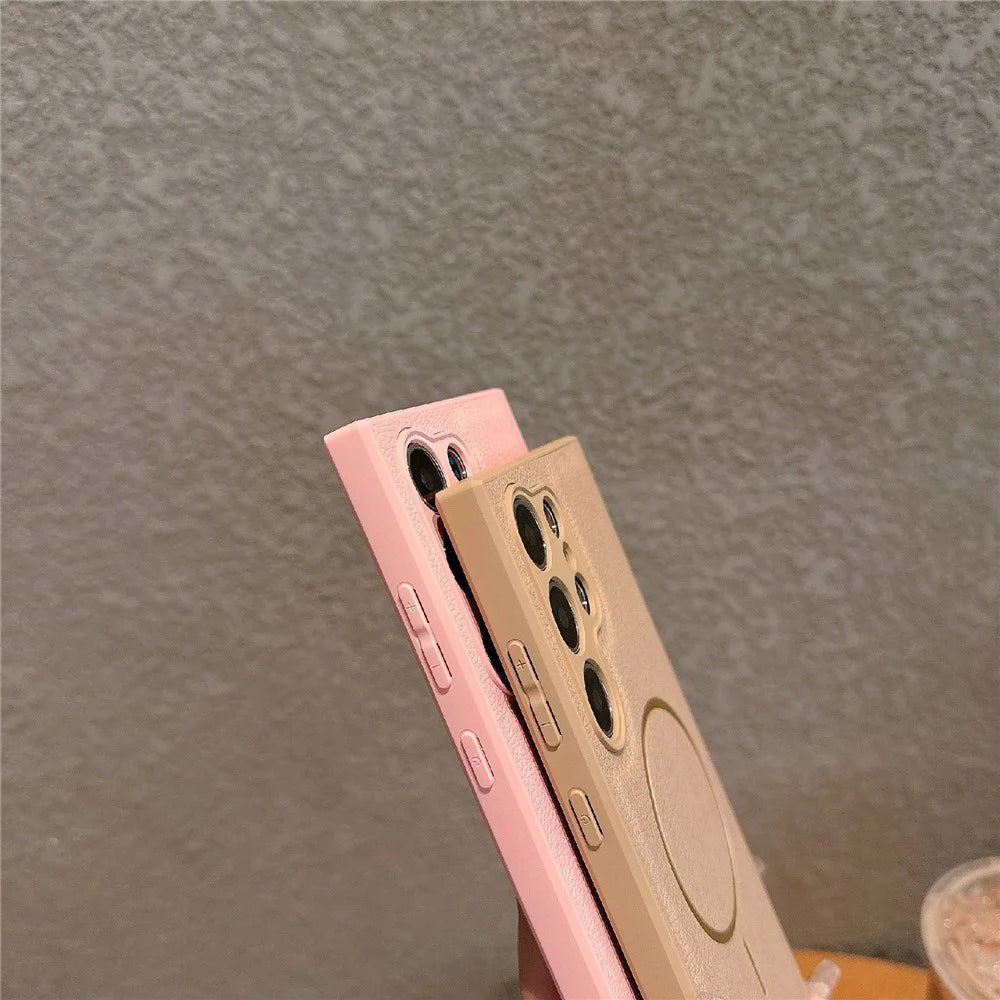 For Samsung Galaxy S24 Ultra Case Leather Coated TPU Phone Cover Magnetic Case - Pink - 4