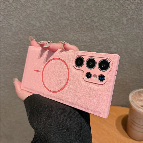 For Samsung Galaxy S25 Ultra Case Leather Coated TPU Phone Cover Magnetic Case - Pink - 1