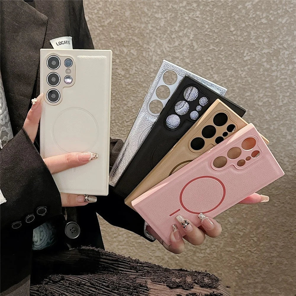 For Samsung Galaxy S25 Ultra Case Leather Coated TPU Phone Cover Magnetic Case - Pink - 6