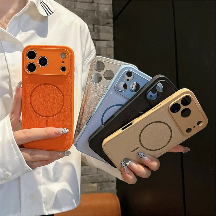 For iPhone 17 Pro Case Leather Coated TPU Phone Cover Compatible with MagSafe - Yellow - 6