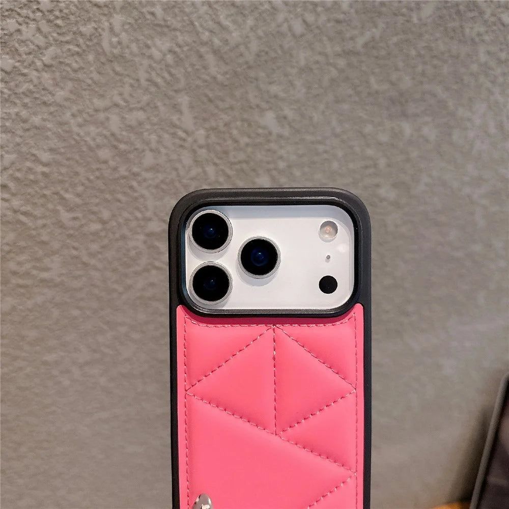 For iPhone 17 Pro Case Triangle Quilted Down Jacket Design PU Leather TPU Phone Cover - Pink - 3