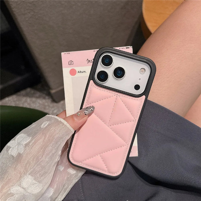For iPhone 17 Pro Max Case Triangle Quilted Down Jacket Design PU Leather TPU Phone Cover - Pink - 2