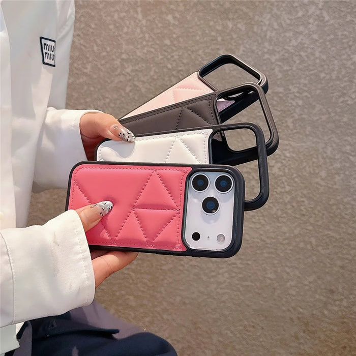 For iPhone 17 Pro Max Case Triangle Quilted Down Jacket Design PU Leather TPU Phone Cover - Pink - 6
