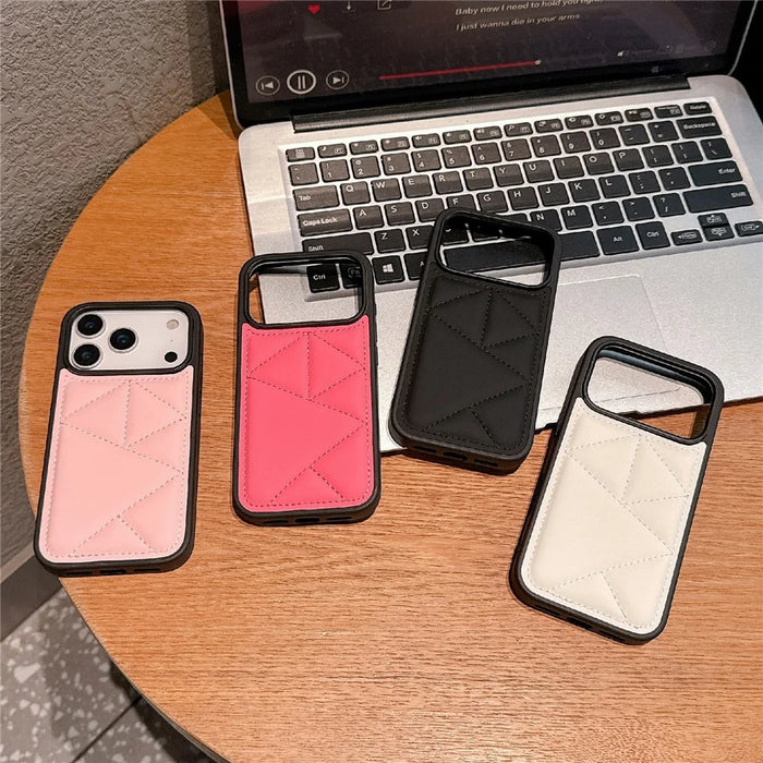 For iPhone 17 Pro Max Case Triangle Quilted Down Jacket Design PU Leather TPU Phone Cover - Pink - 7