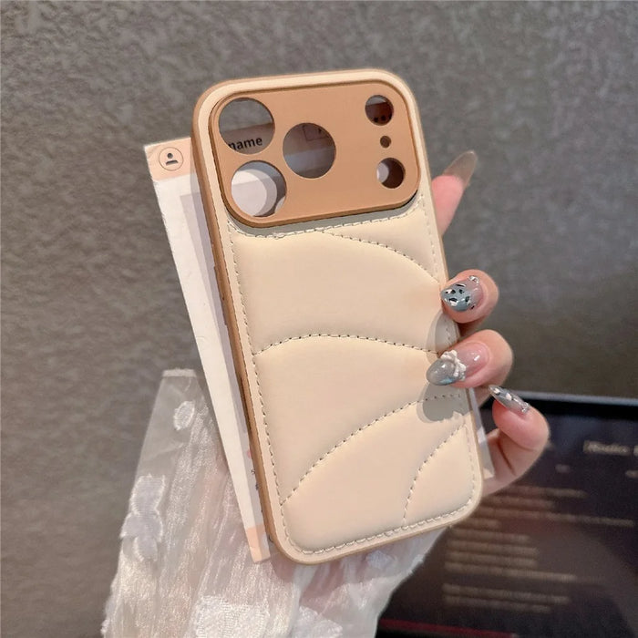 For iPhone 17 Pro Case Down Coat Design PU Leather Coated TPU Phone Back Cover - Khaki - 2
