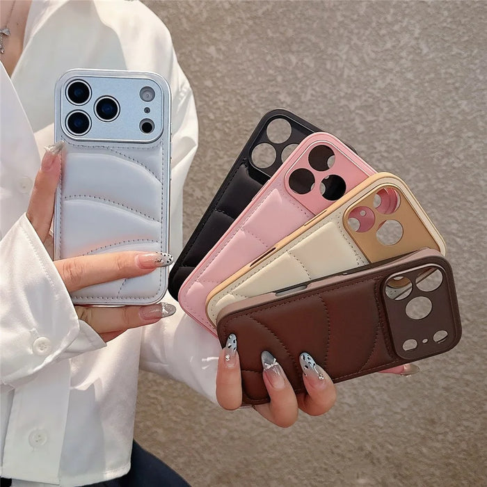 For iPhone 17 Pro Case Down Coat Design PU Leather Coated TPU Phone Back Cover - Khaki - 7