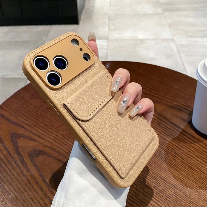 For iPhone 17 Pro Case Solid Color PU Leather TPU Phone Cover with Card Holder Kickstand - Khaki - 1