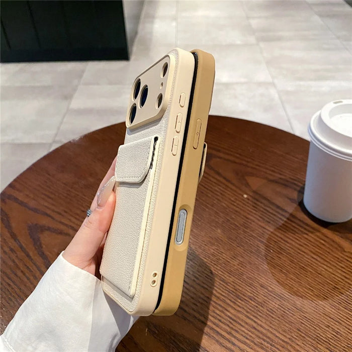 For iPhone 17 Pro Case Solid Color PU Leather TPU Phone Cover with Card Holder Kickstand - Khaki - 4