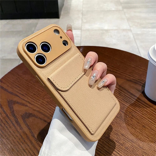 For iPhone 17 Pro Max Case Solid Color PU Leather TPU Phone Cover with Card Holder Kickstand - Khaki - 1