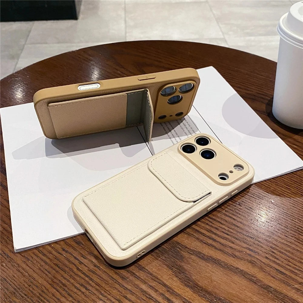 For iPhone 17 Pro Max Case Solid Color PU Leather TPU Phone Cover with Card Holder Kickstand - Khaki - 3