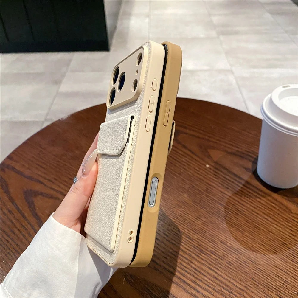 For iPhone 17 Pro Max Case Solid Color PU Leather TPU Phone Cover with Card Holder Kickstand - Khaki - 4