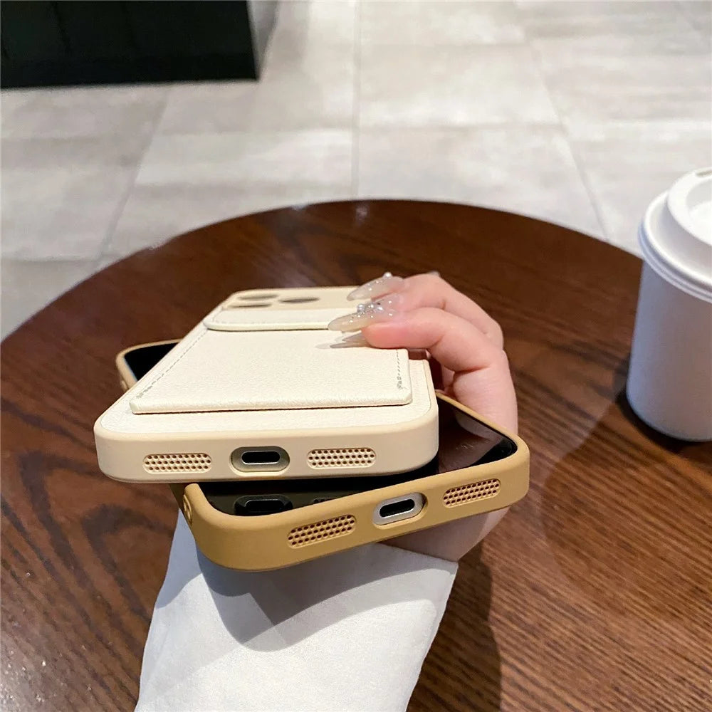 For iPhone 17 Pro Max Case Solid Color PU Leather TPU Phone Cover with Card Holder Kickstand - Khaki - 5