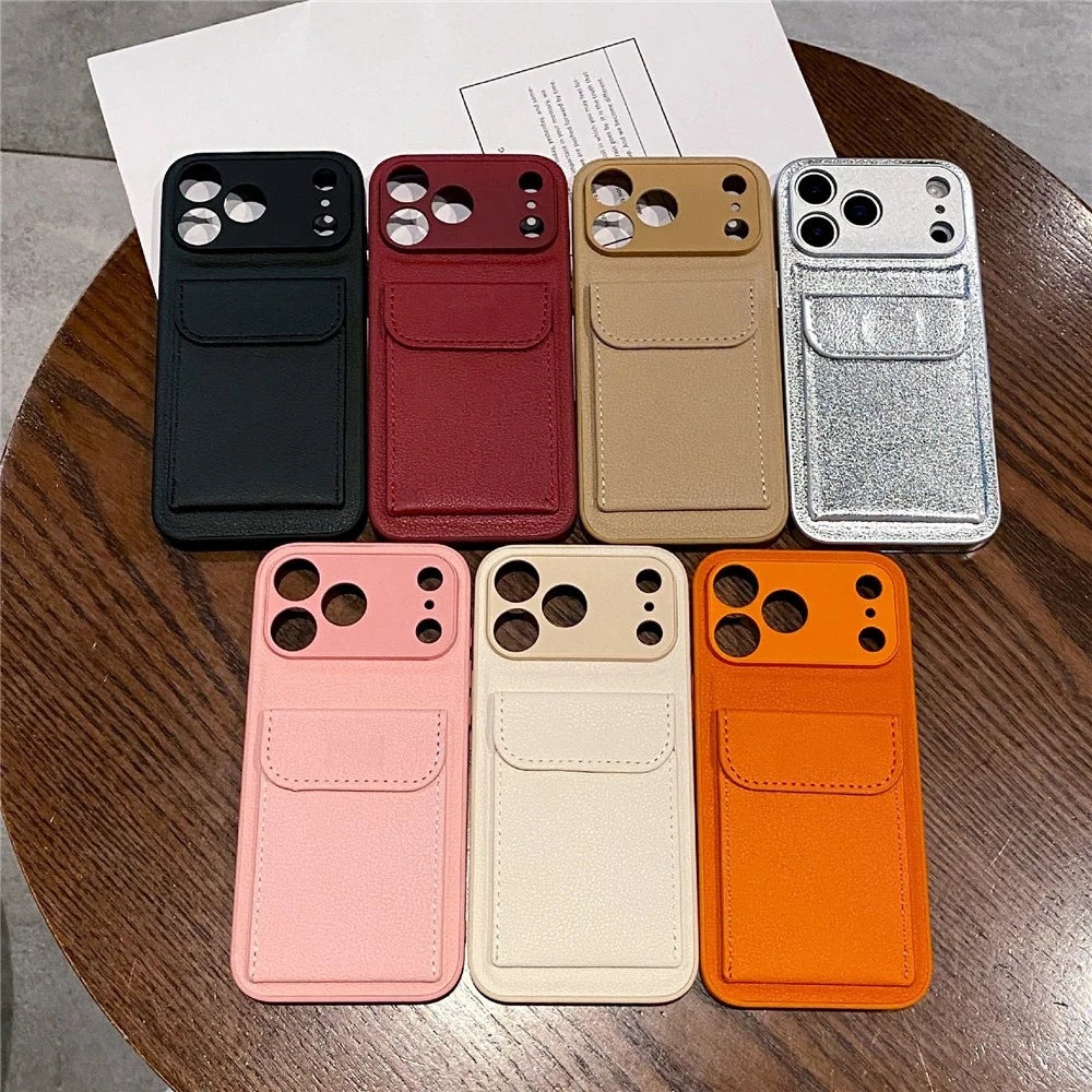 For iPhone 17 Pro Max Case Solid Color PU Leather TPU Phone Cover with Card Holder Kickstand - Khaki - 6
