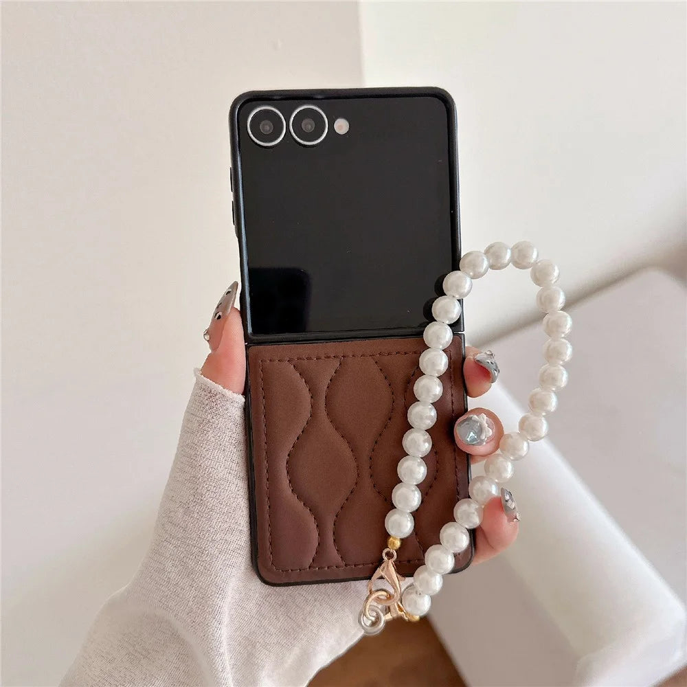 For Samsung Galaxy Z Flip7 5G Ripple Puffer PU PC Case Foldable Phone Cover with Pearl Bracelet - Dark Brown - 1