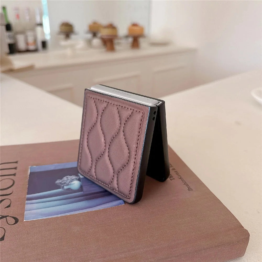 For Samsung Galaxy Z Flip7 5G Ripple Puffer PU PC Case Foldable Phone Cover with Pearl Bracelet - Dark Brown - 2
