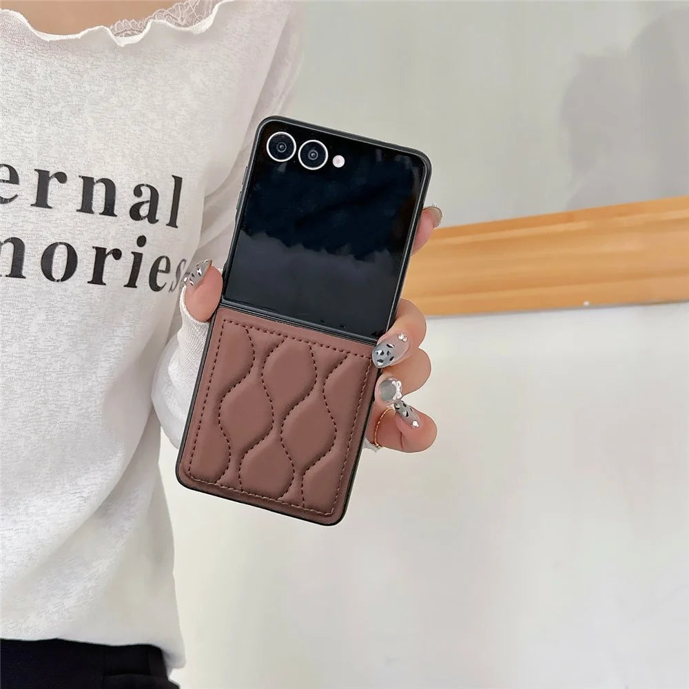 For Samsung Galaxy Z Flip7 5G Ripple Puffer PU PC Case Foldable Phone Cover with Pearl Bracelet - Dark Brown - 5