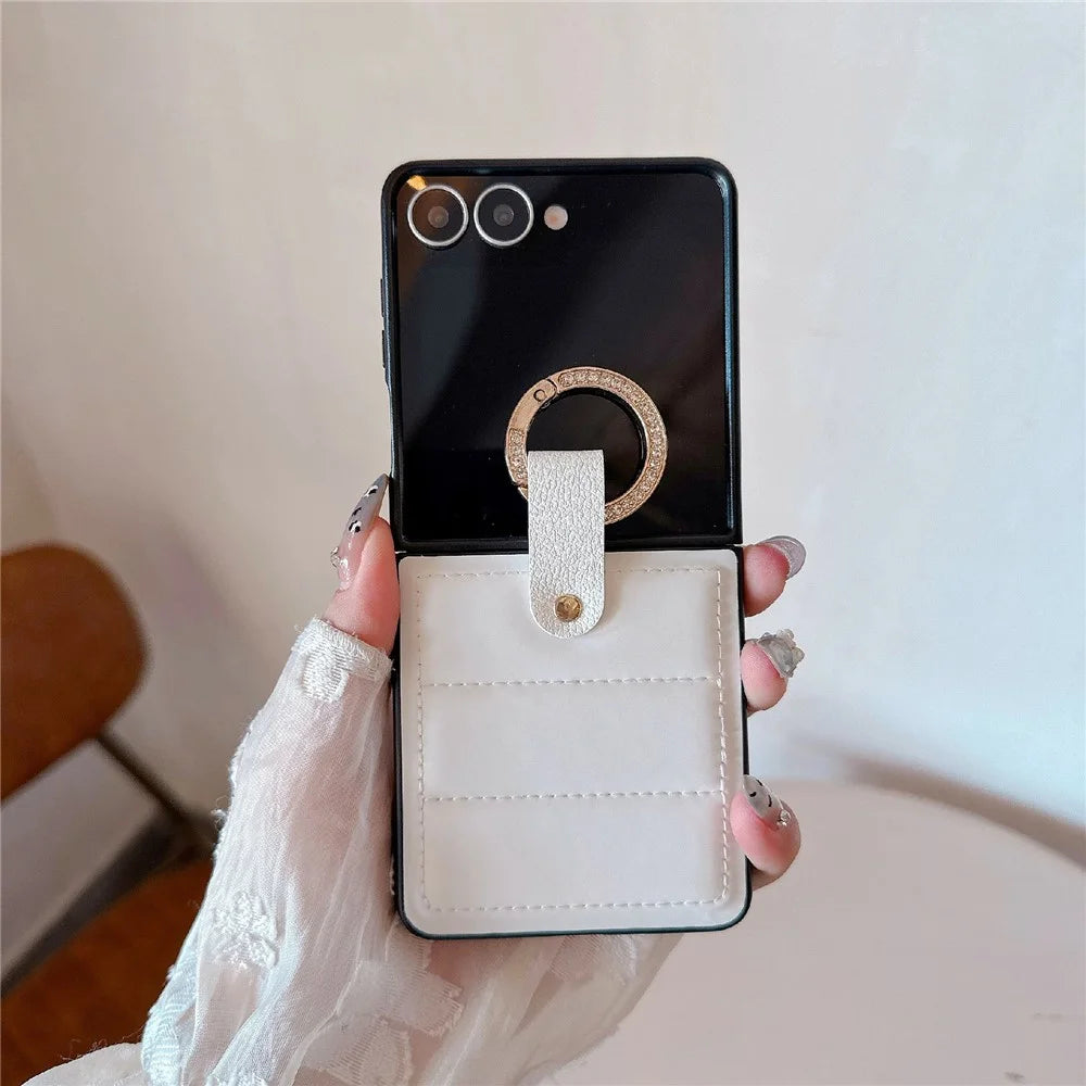 For Samsung Galaxy Z Flip7 5G Case Case Down Jacket Style Rhinestone Decor Ring Holder Leather Coated PC Phone Cover - White - 1