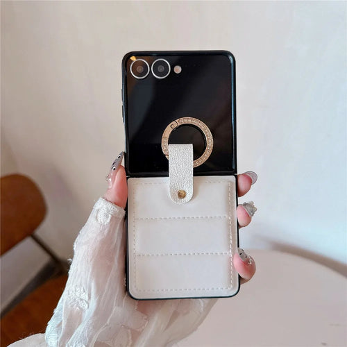 For Samsung Galaxy Z Flip7 5G Case Case Down Jacket Style Rhinestone Decor Ring Holder Leather Coated PC Phone Cover - White - 1
